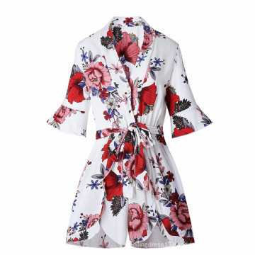 Women Jumpsuit Floral with Waist Belt Short Sleeves V Neck Romper female New Beachwear Summer Vacation For Elegant Lady